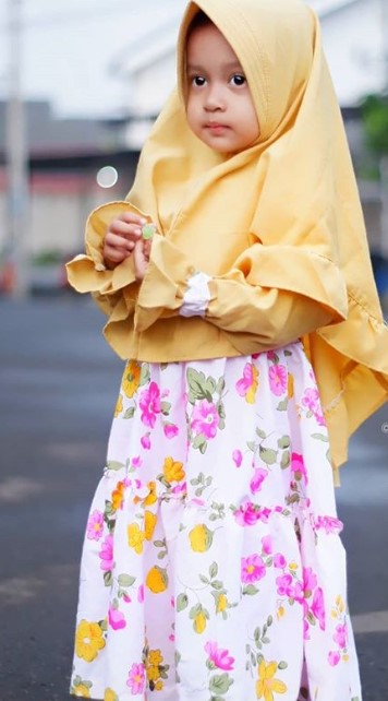 Baju Gamis Anak Katun Jepang Motif Bunga Putih Kuning Mustard