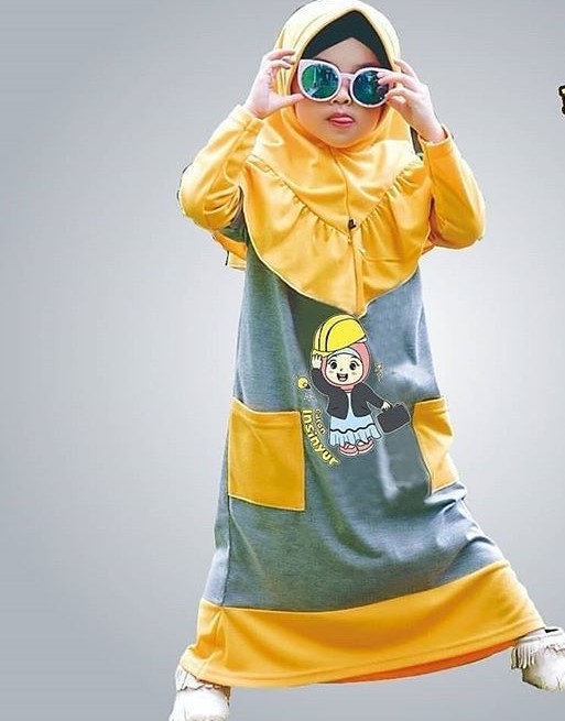 Baju Gamis Anak Perempuan 2 Tahun Kaos Simpel Kuning Abu Muda