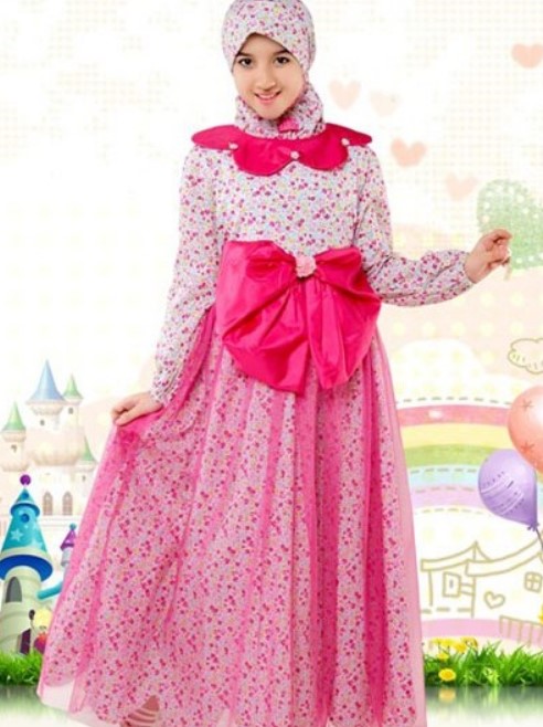 Baju Gamis Anak Perempuan Terbaru Modern Motif Bunga Kombinasi Pink