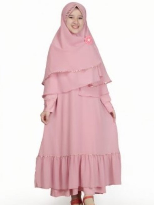 Baju Gamis Anak Perempuan Umur 12 Tahun Simpel Rok Rempel Dusty Soft Pink