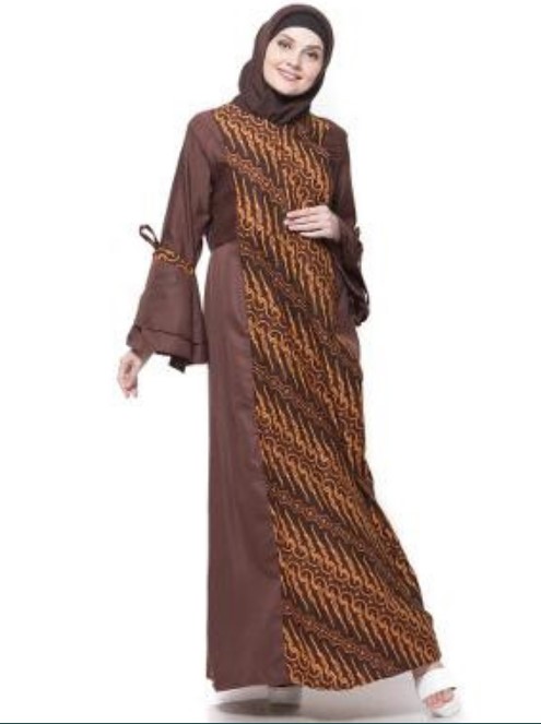 Baju Gamis Batik Kombinasi Kain Polos Modern Coklat Klasik