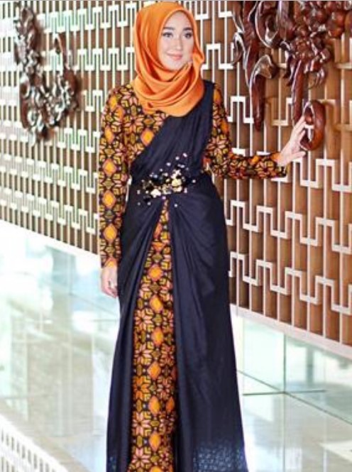 Baju Gamis Batik Kombinasi Kain Polos Modern Hitam Orange