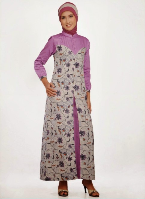Baju Gamis Batik Kombinasi Kain Polos Modern Lavendee