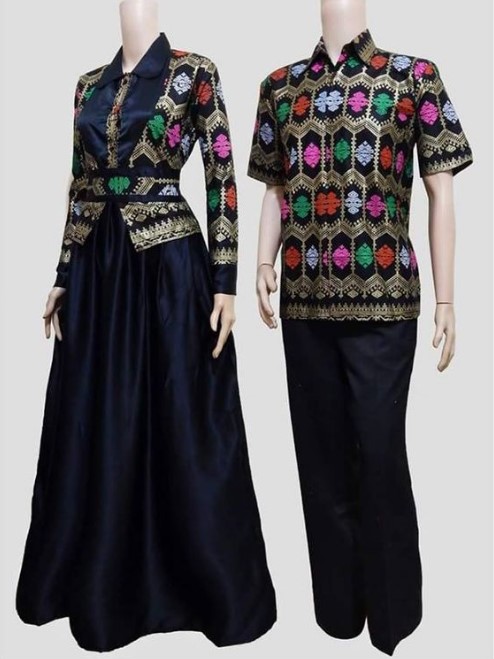 Baju Gamis Batik Kombinasi Polos Modern Bahan Satin Aksen Songket Hitam
