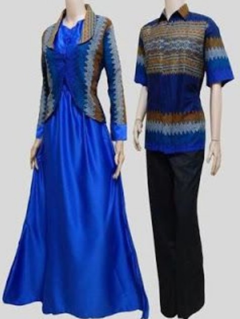 Baju Gamis Batik Kombinasi Polos Modern Blazer Satin Biru Tua