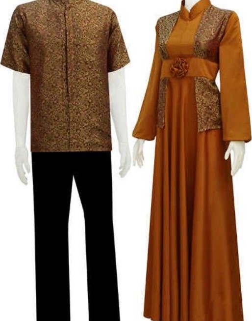 Baju Gamis Batik Kombinasi Polos Sifon Modern Aksen Bunga Mustard Coklat