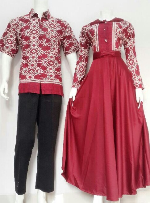 Baju Gamis Batik Kombinasi Polos Sifon Modern Aksen Pita Pinggang Merah