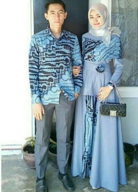 Baju Gamis Batik Kombinasi Polos Sifon Modern Sabrina Rok Belah Tengah Soft Blue