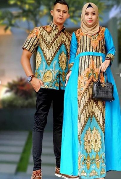 Baju Gamis Batik Kombinasi Satin untuk Remaja Aksen Pita Pinggang Soft Blue