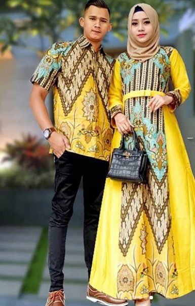 Baju Gamis Batik Kombinasi Satin untuk Remaja Aksen Pita Pinggang Soft Yellow