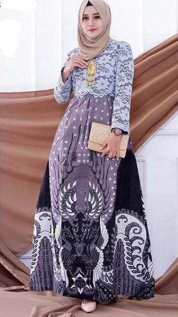 Baju Gamis Brokat Kombinasi Batik Modern Simple Warna Soft Grey