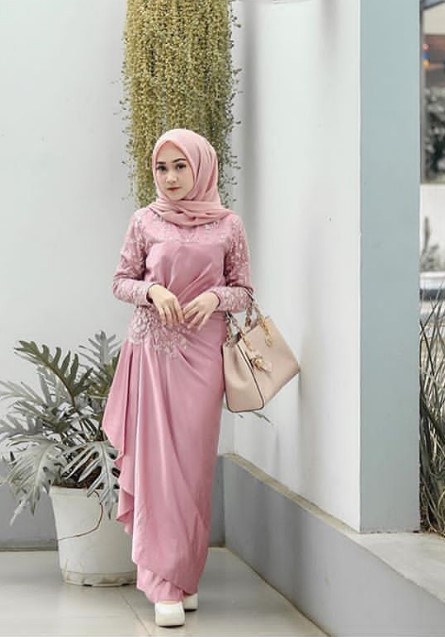 Baju Gamis Brokat Pesta Mewah Rok Asimetris Payet Soft Pink
