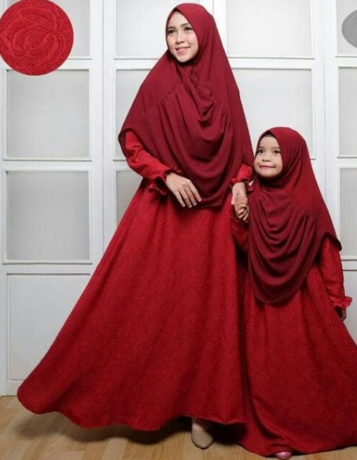 Baju Gamis Couple Modern Ibu dan Anak Kekinian Embos Merah Maroon