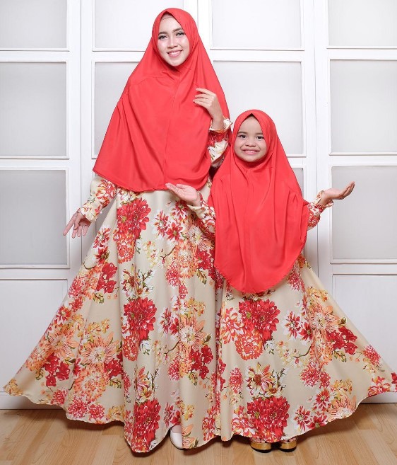 Baju Gamis Couple Modern Ibu dan Anak Kekinian Katun Jepang Motif Bunga Orange