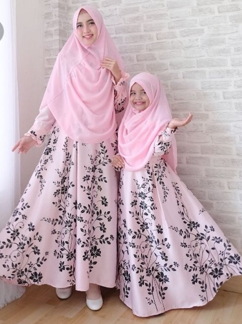 Baju Gamis Couple Modern Ibu dan Anak Kekinian Maxmara Motif Pink