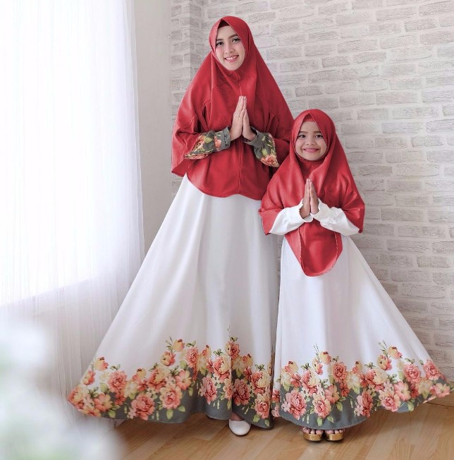 Baju Gamis Couple Modern Ibu dan Anak Kekinian Polos Motif Bunga Bawah Putih Merah