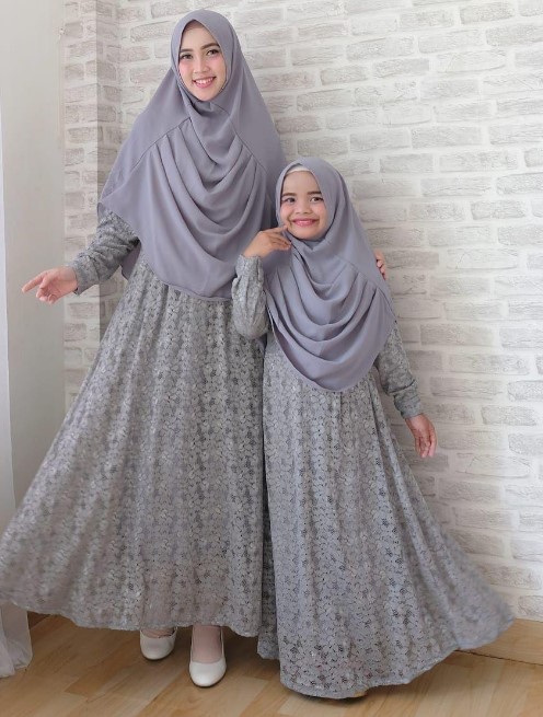 Baju Gamis Pesta Couple Ibu dan Anak Perempuan Brokat Abu Tua