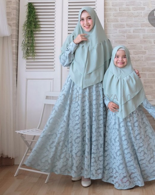Baju Gamis Pesta Couple Ibu dan Anak Perempuan Brokat Bunga Soft Blue