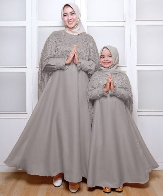 Baju Gamis Pesta Couple Ibu dan Anak Perempuan Brokat Cape Abu Tua