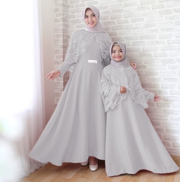 Baju Gamis Pesta Couple Ibu dan Anak Perempuan Brokat Cape Soft Grey