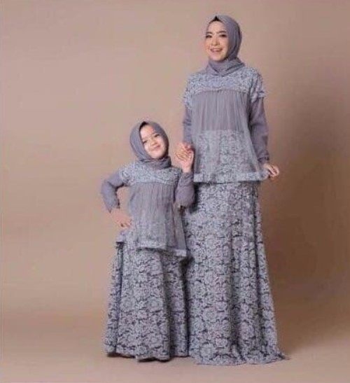 Baju Gamis Pesta Couple Ibu dan Anak Perempuan Brokat Sifon Abu Tua