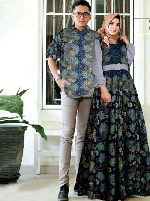 Gamis Batik Kombinasi Kain Polos Couple Abu Muda Hitam