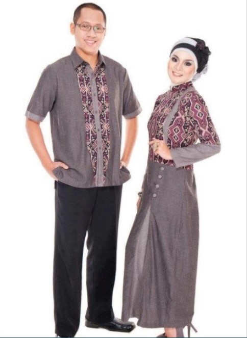 Gamis Batik Kombinasi Kain Polos Couple Katun Grey