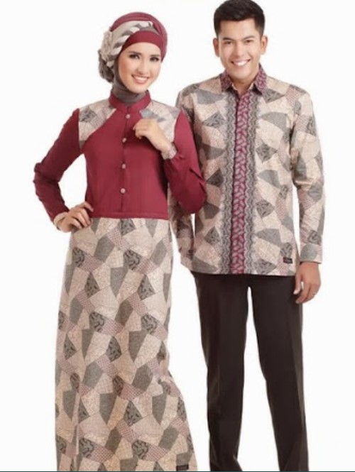 Gamis Batik Kombinasi Kain Polos Couple Katun Maroon
