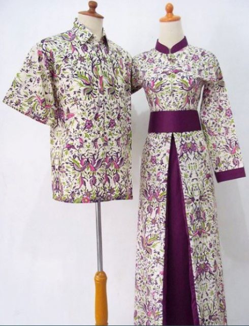 Gamis Batik Kombinasi Kain Polos Couple Katun Ungu Putih
