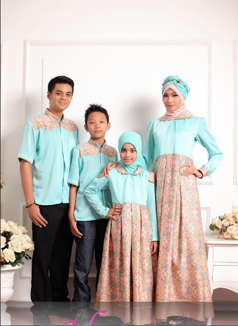 Gamis Batik Kombinasi Kain Polos Couple Keluarga Katun Baby Blue