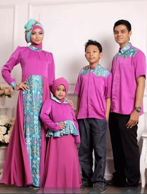 Gamis Batik Kombinasi Kain Polos Couple Keluarga Katun Pink Tua