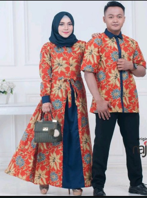 Gamis Batik Kombinasi Kain Polos Couple Modern Katun Orange