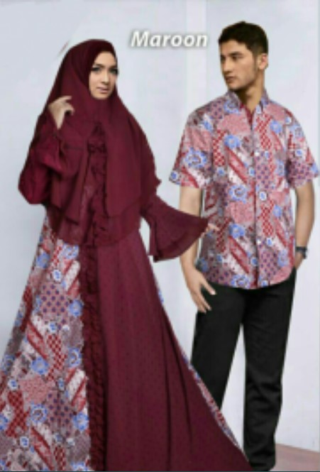 Gamis Batik Kombinasi Kain Polos Couple Modern Maroon