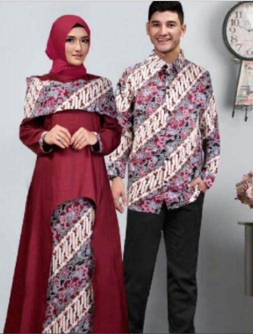 Gamis Batik Kombinasi Kain Polos Couple Modern Satin Maroon