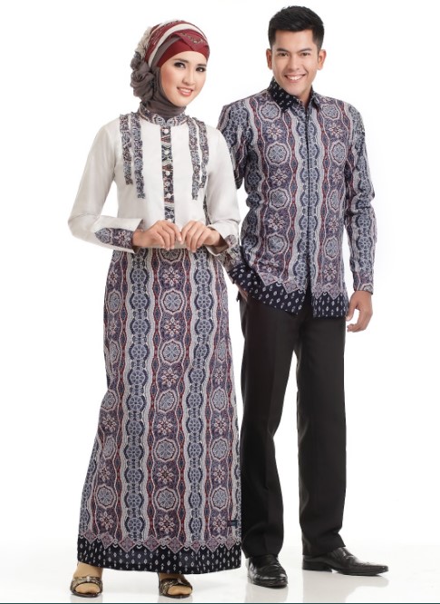 Gamis Batik Kombinasi Kain Polos Couple Putih Abu