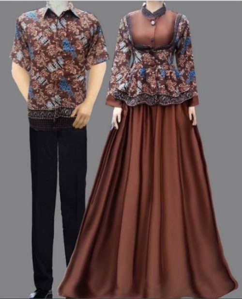 Gamis Batik Kombinasi Kain Polos Couple Satin Coklat