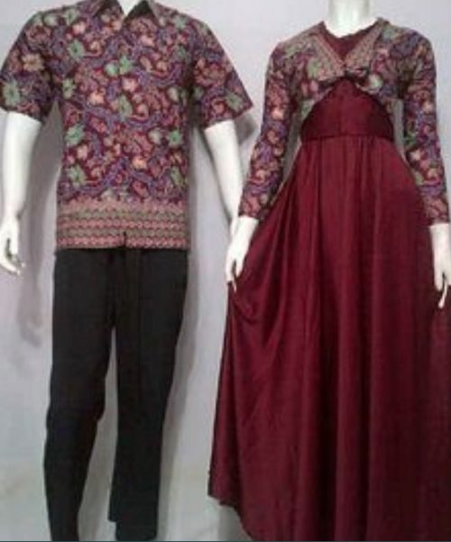 Gamis Batik Kombinasi Kain Polos Couple Satin Maroon