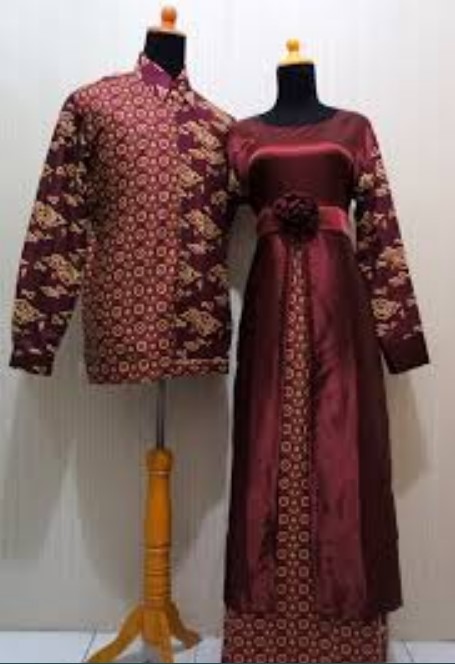 Gamis Batik Kombinasi Kain Polos Couple Satin Merah Maroon
