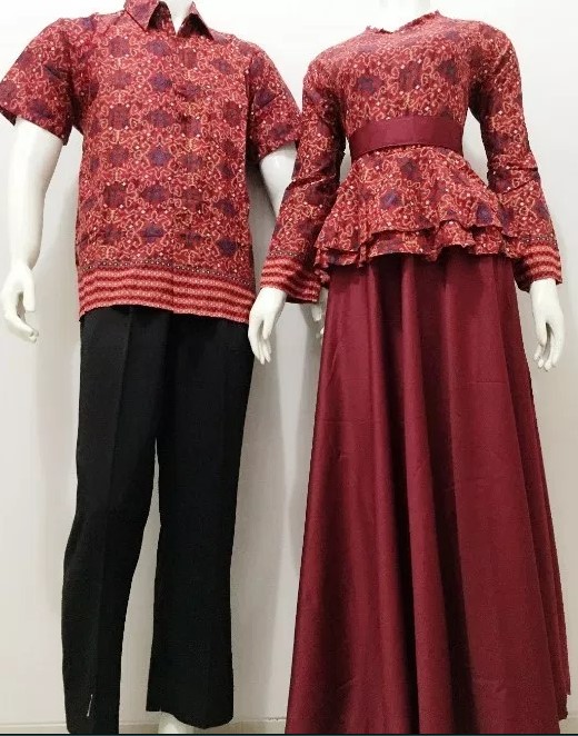 Gamis Batik Kombinasi Kain Polos Couple Satin Peplum Maroon