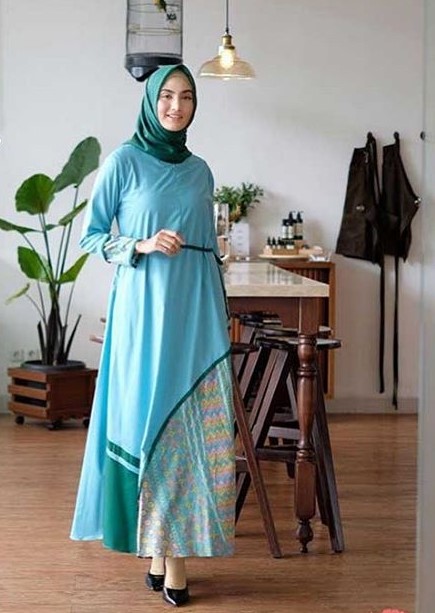 Gamis Batik Kombinasi Kain Polos Satin Kekinian Tali Pinggang Navy Soft Blue Hijau