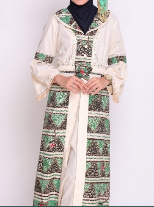 Gamis Batik Kombinasi Kain Polos Terbaru Putih Hijau