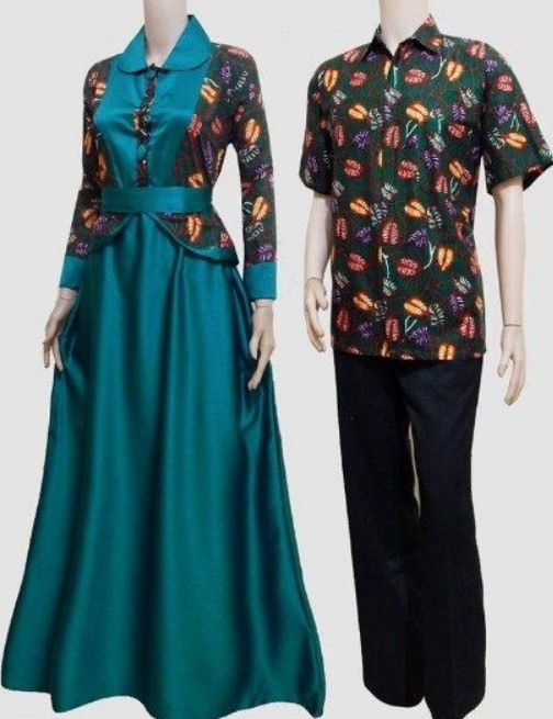 Gamis Batik Kombinasi Polos Satin Modern Aksen Pinggang Tosca Tua