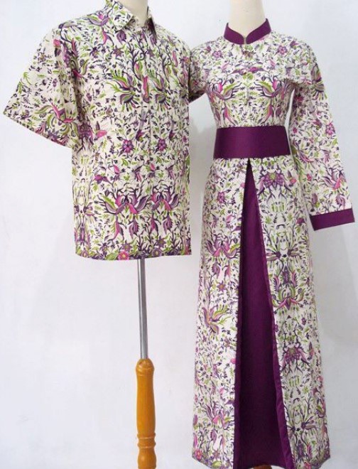 Gamis Batik Kombinasi Polos Satin Modern Ungu Tua Putih