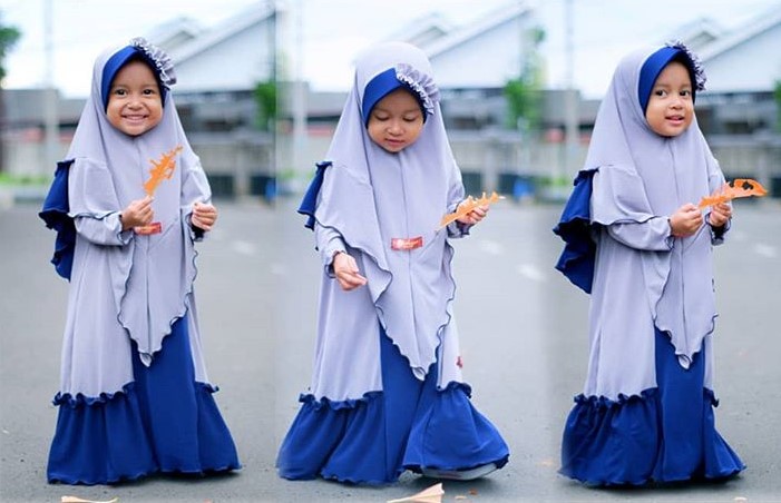 Gamis Katun Anak Katun Jepang Kombinasi Dua Warna Soft Grey Blue