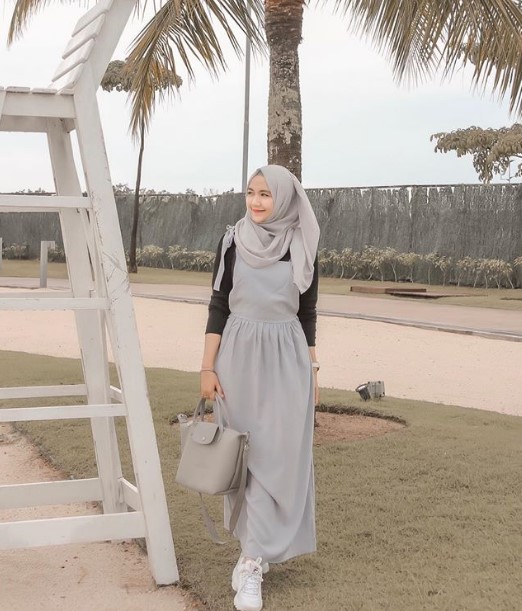 Gamis Katun Polos Kombinasi Modern Overall Maxi Dress Soft Grey