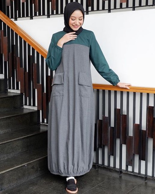 Gamis Muslimah Terbaru Untuk Remaja Simple Kantong Hijau Botol Grey
