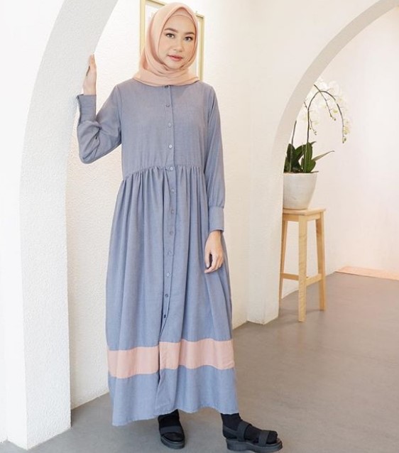 Gamis Muslimah Terbaru Untuk Remaja Simple Katun Blue Denim List Dusty Pink