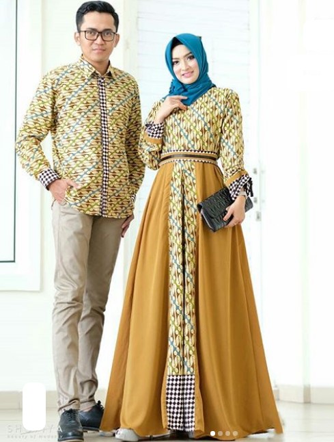 Koleksi Baju Gamis Batik Kombinasi Kain Polos Satin Modern Soft Gold
