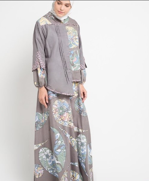 Model Baju Batik Gamis Kombinasi Kain Polos Soft Grey