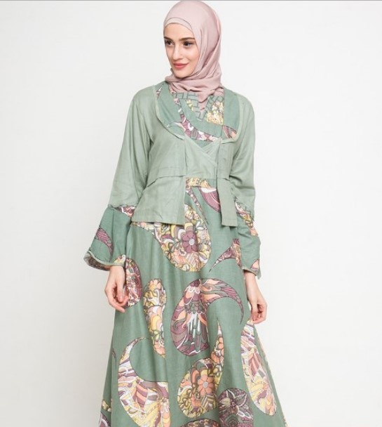 Model Baju Batik Gamis Kombinasi Kain Polos Soft Tosca